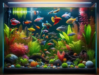 Home aquarium with popular fish