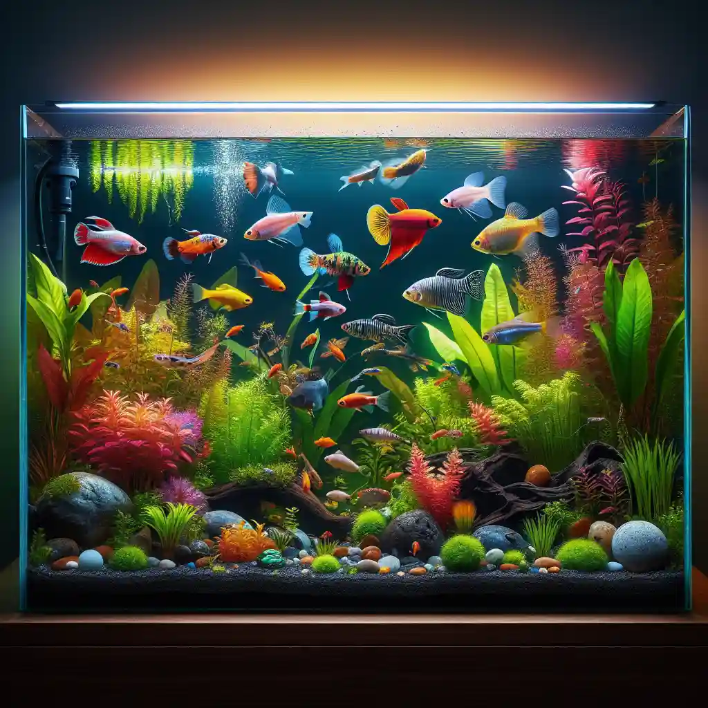 Home aquarium with popular fish