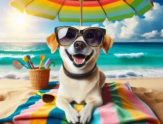 Dog on beach with sunglasses