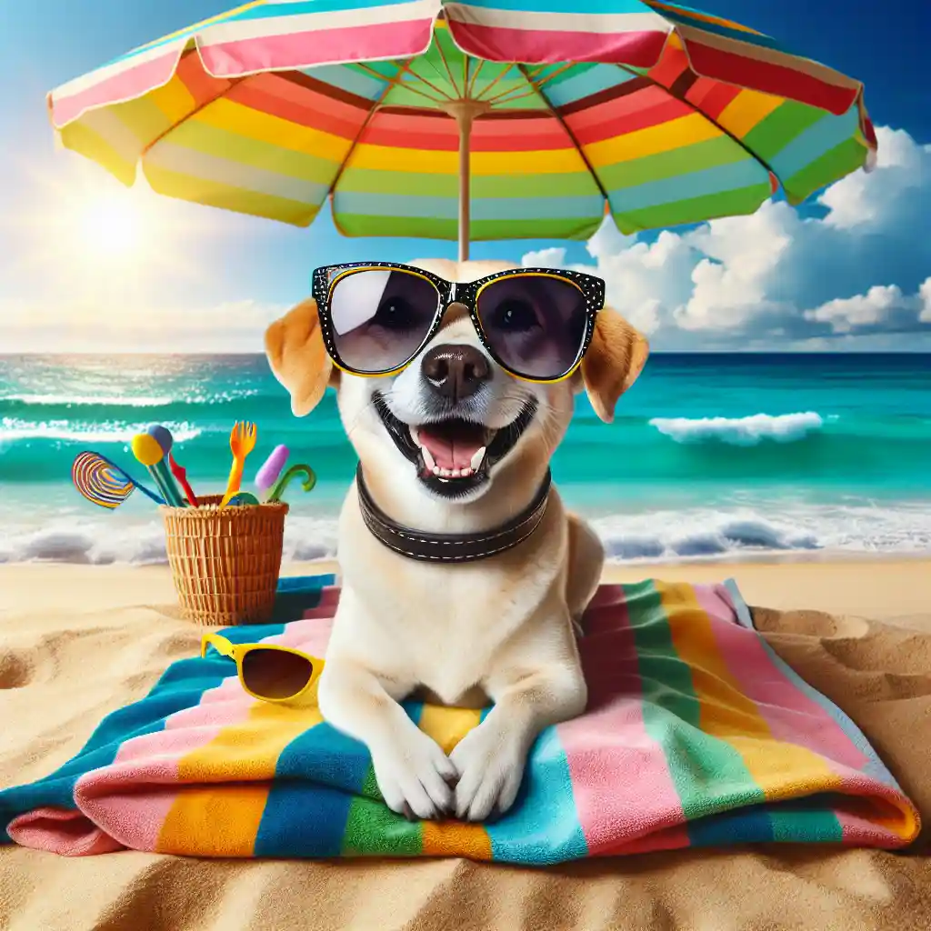 Dog on beach with sunglasses