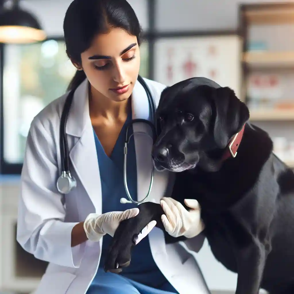 Veterinarian examining a dog's leg