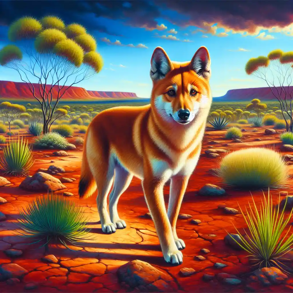 A solitary dingo exploring the vast Australian wilderness.