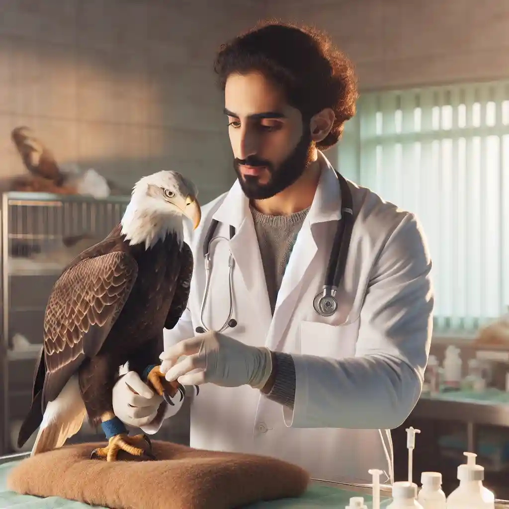 Veterinarian treating an injured bald eagle.