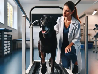 Dog with back leg weakness undergoing mobility rehabilitation.