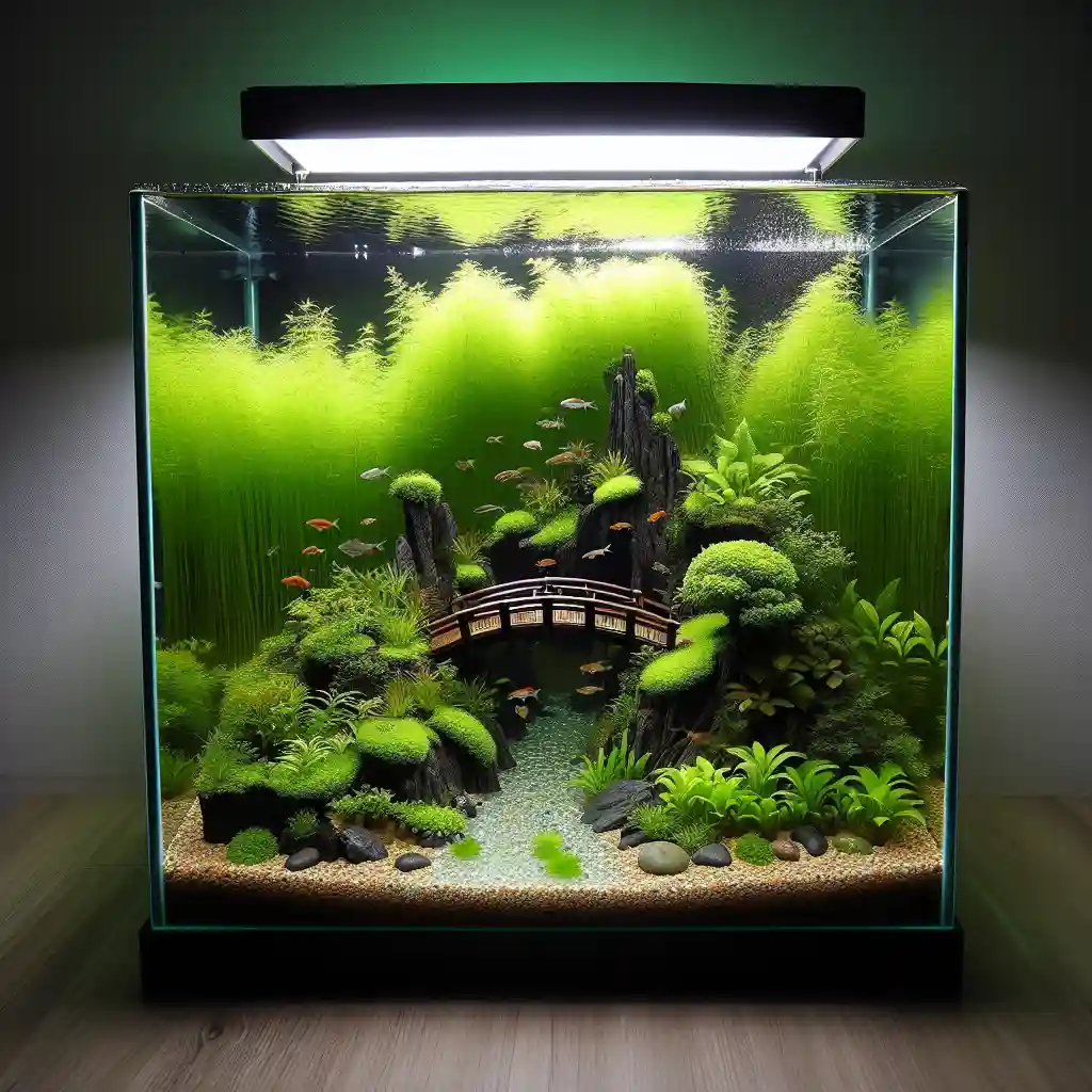 An elaborate aquascape featuring diverse aquatic plants and intricate design elements, creating a mesmerizing underwater scene.