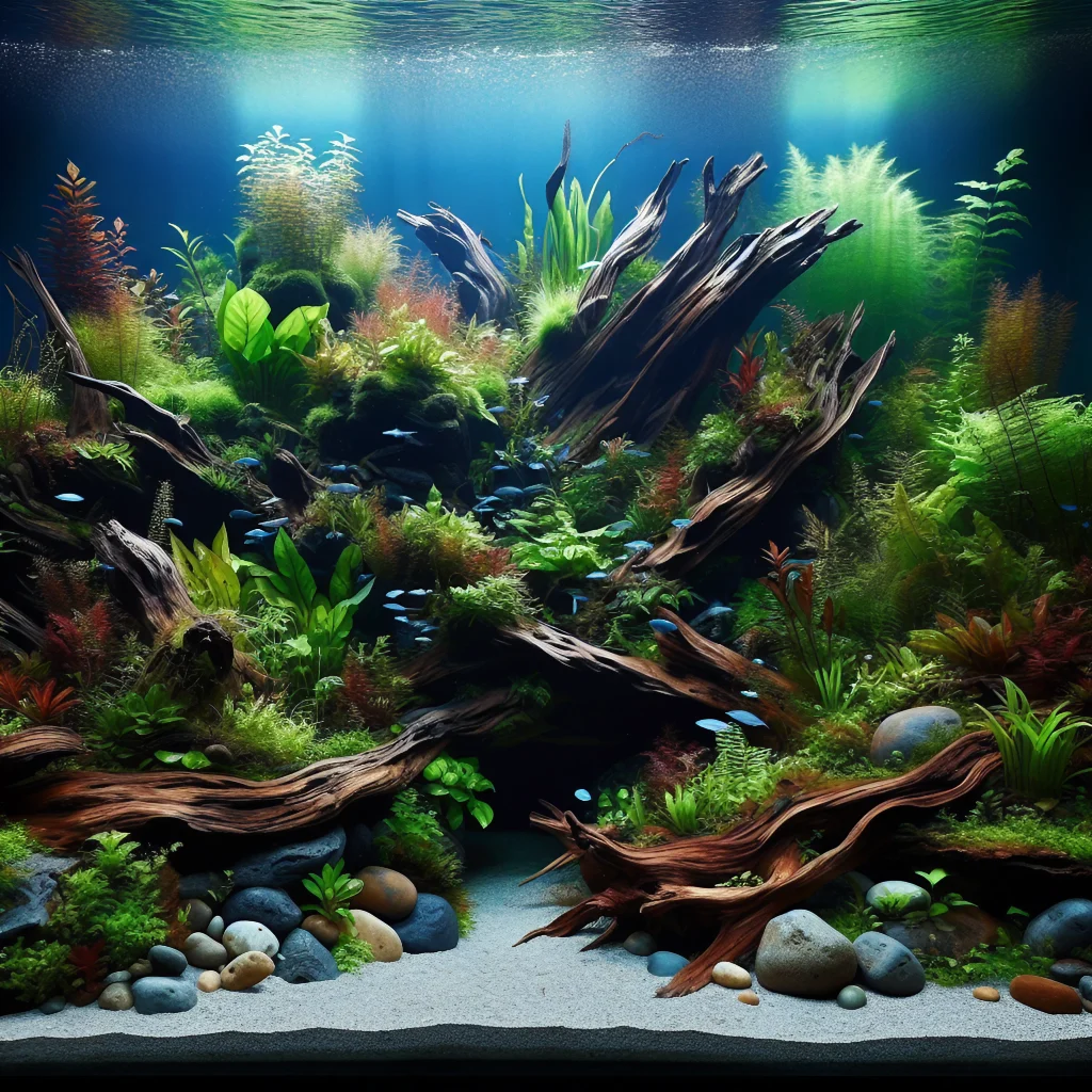 A beautifully designed aquascaped aquarium showcasing vibrant aquatic plants and decorative elements, enhancing home decor.