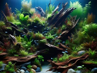 A beautifully designed aquascaped aquarium showcasing vibrant aquatic plants and decorative elements, enhancing home decor.