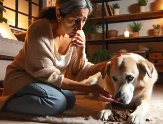 A concerned dog owner observing their pet for symptoms of chocolate poisoning.