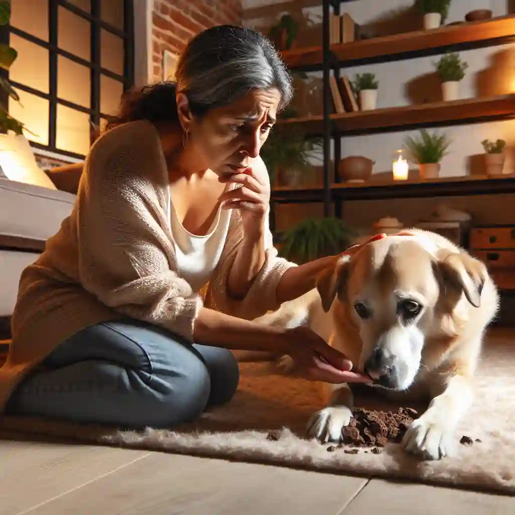 A concerned dog owner observing their pet for symptoms of chocolate poisoning.