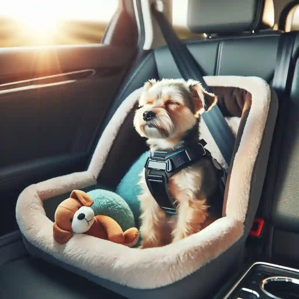 Dog secured in car seat