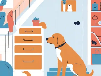 A cozy living room with a pet gate blocking access to the kitchen, chew toys scattered on the floor, and a dog lounging on an elevated bed next to a secured trash can.