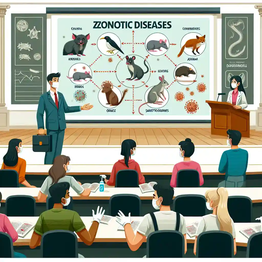 A person washing their hands with soap, surrounded by informational posters about zoonotic diseases, highlighting the importance of hygiene in disease prevention.