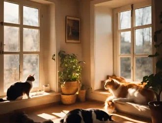 Happy cat and dog living together in a harmonious home environment.