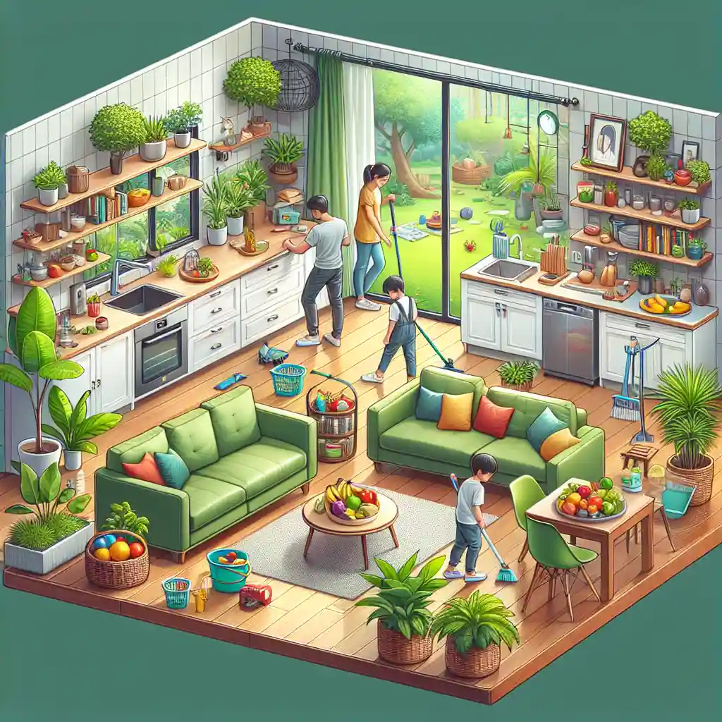 A cozy living room featuring a pet bed by a sunlit window, eco-friendly cleaning products on a shelf, and a plush rug with potted plants, showcasing a clean and pet-friendly home environment.