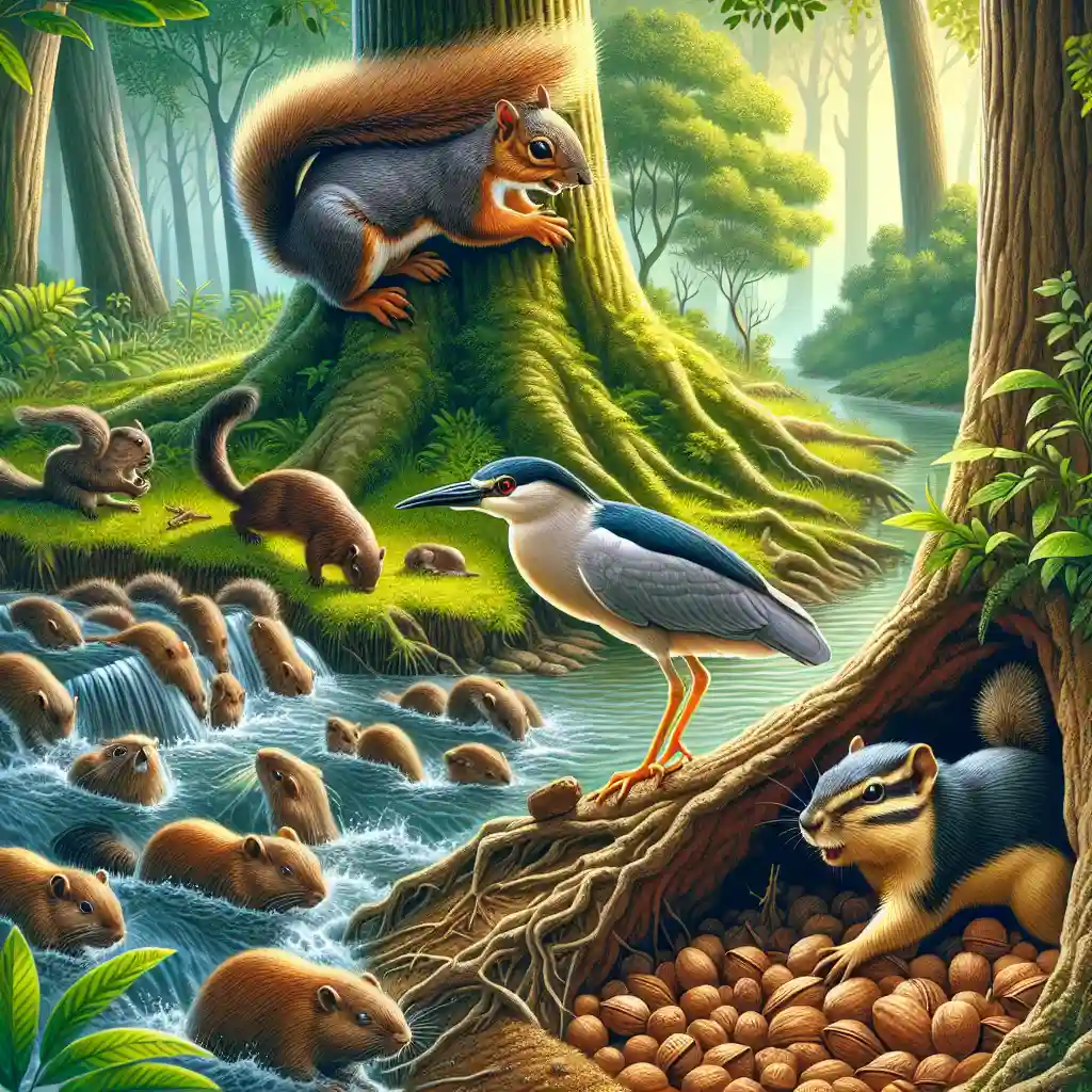 Various animals interacting within a vibrant ecosystem.