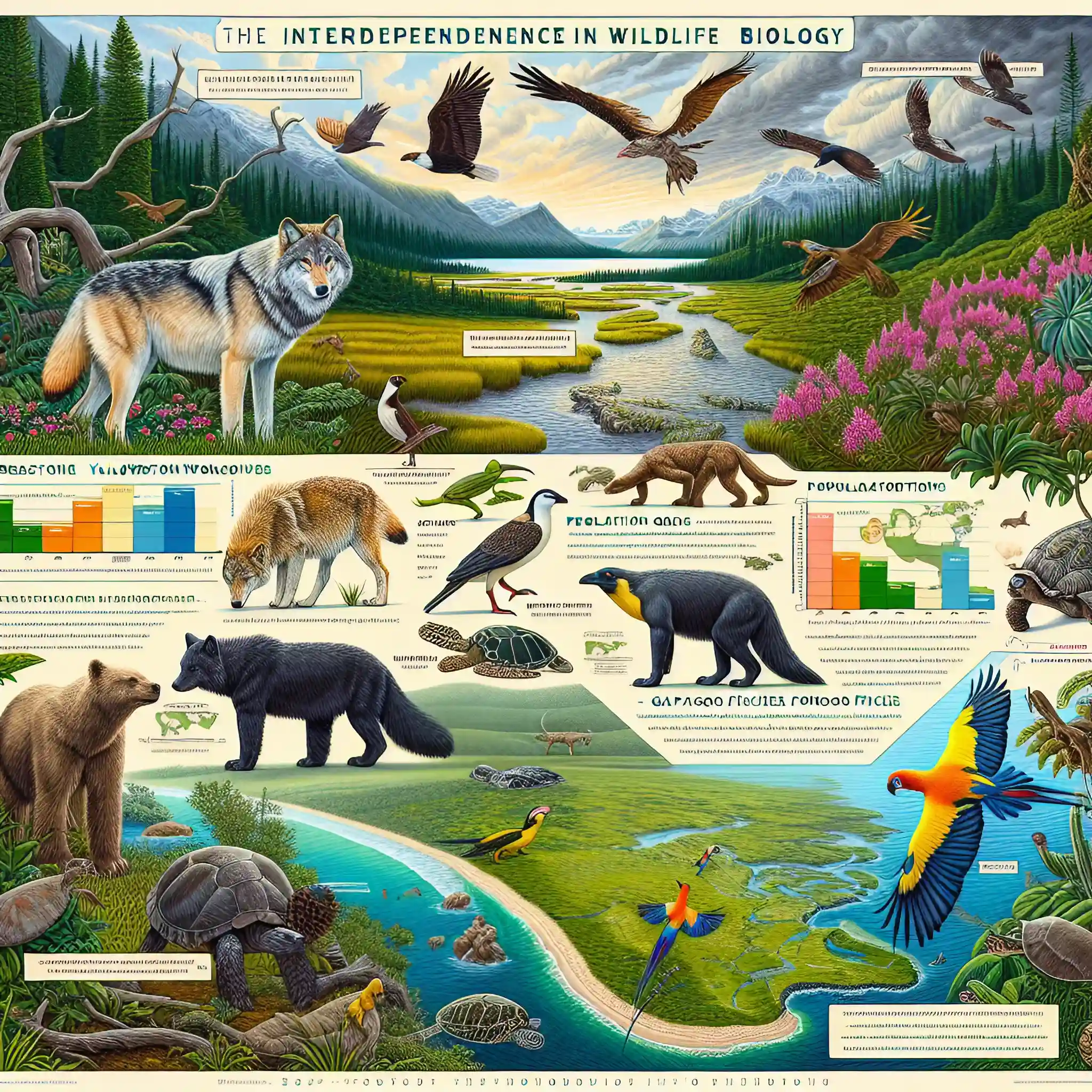 A diverse group of wildlife species in their natural habitat, illustrating biodiversity.